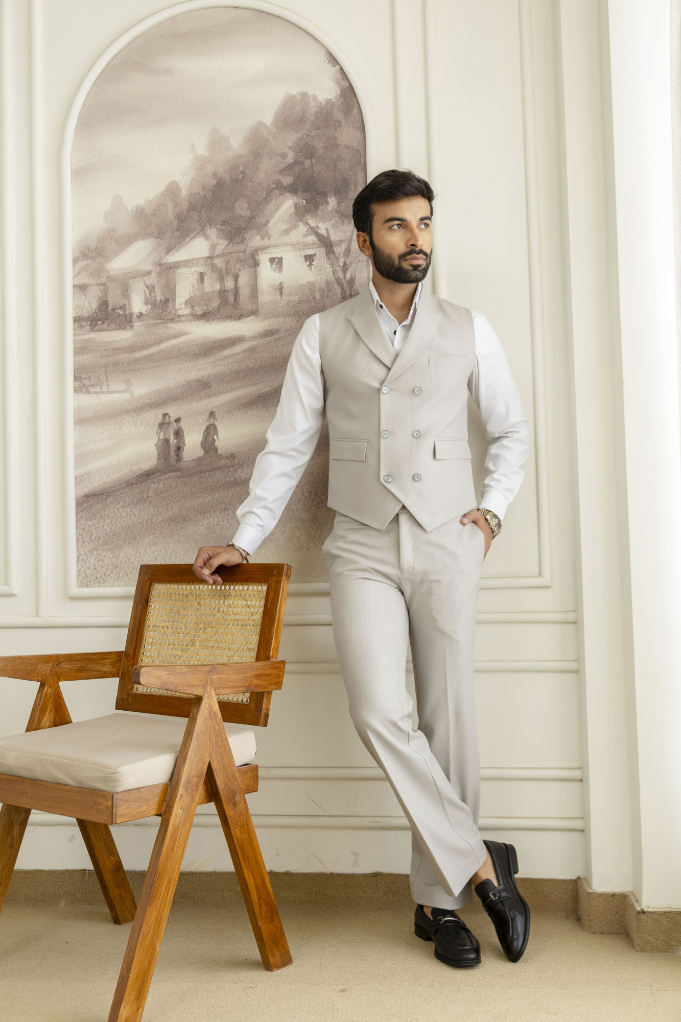 Striped Double Breasted Waist Coat In Light Grey