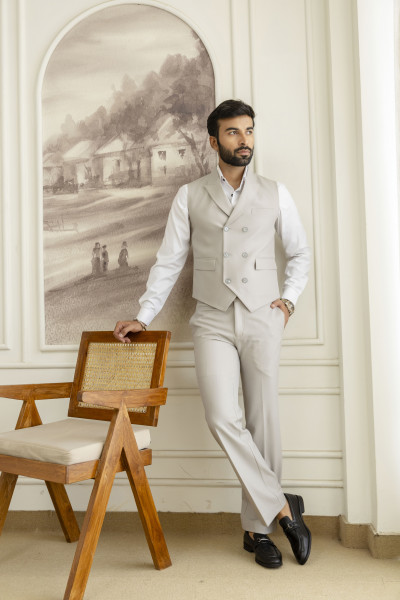 Striped Double Breasted Waist Coat In Light Grey