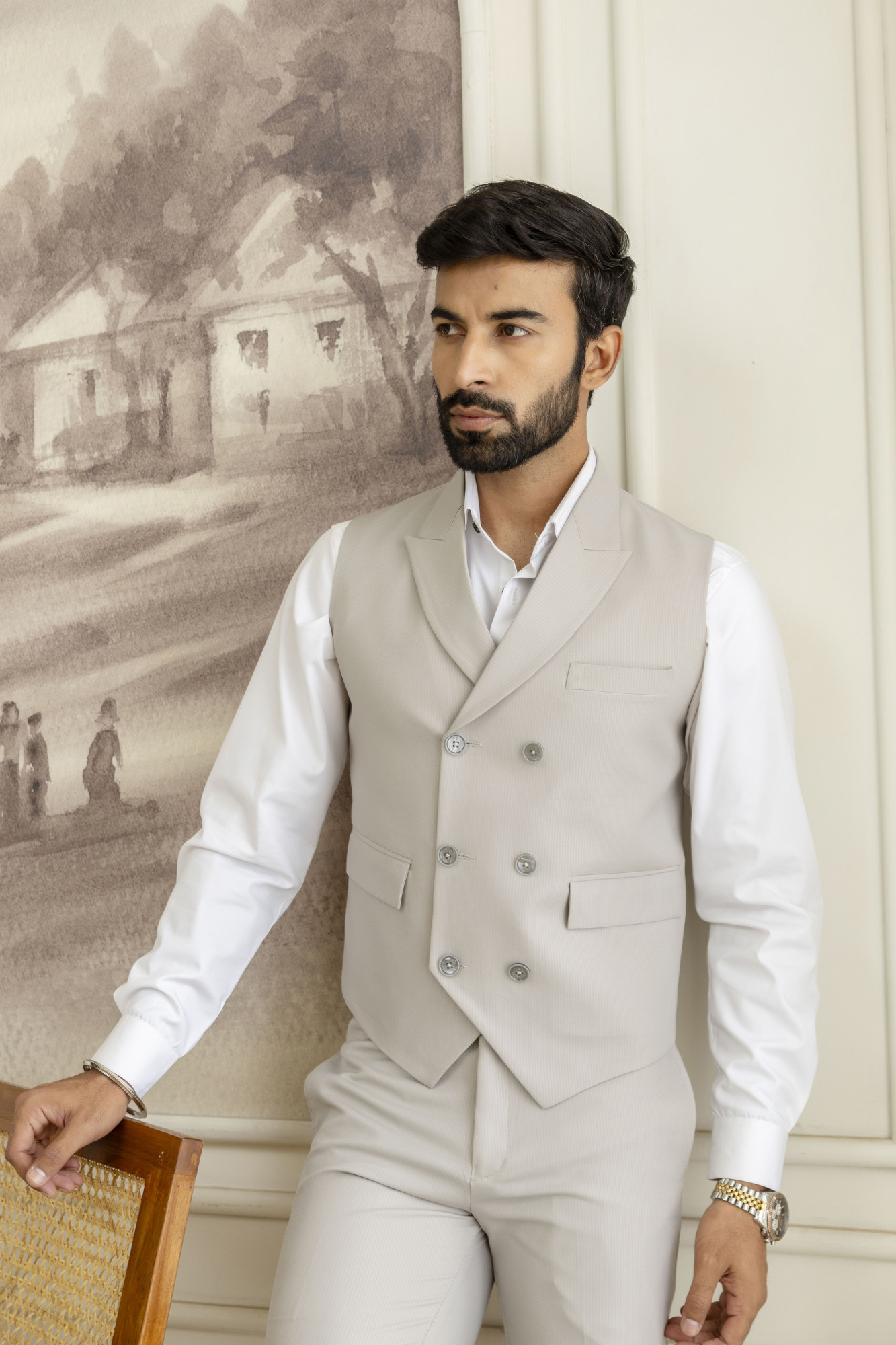 Striped Double Breasted Waist Coat In Light Grey