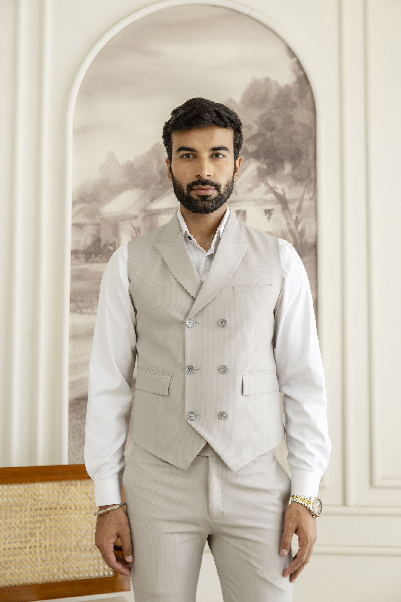 Striped Double Breasted Waist Coat In Light Grey