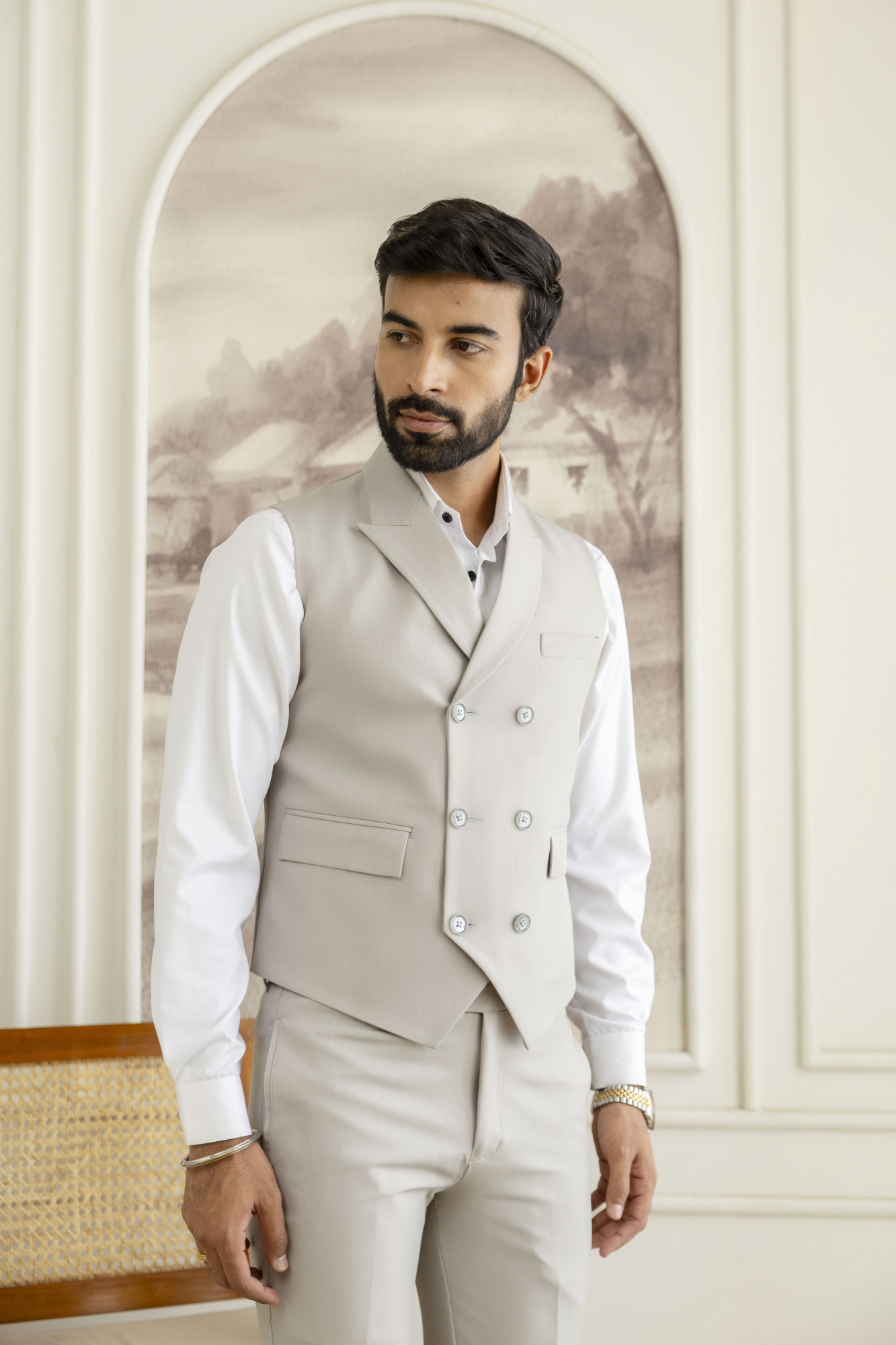 Striped Double Breasted Waist Coat In Light Grey