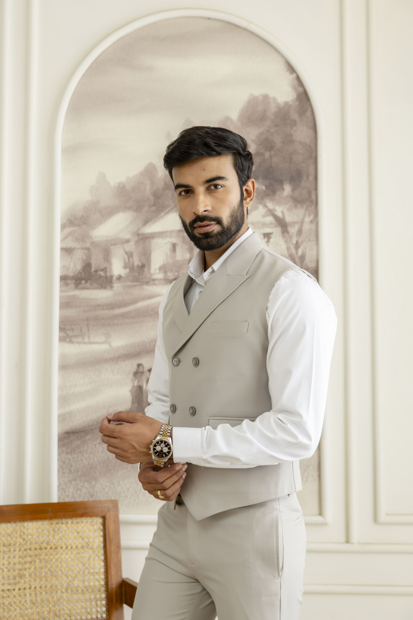 Striped Double Breasted Waist Coat In Light Grey