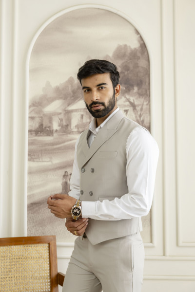 Striped Double Breasted Waist Coat In Light Grey