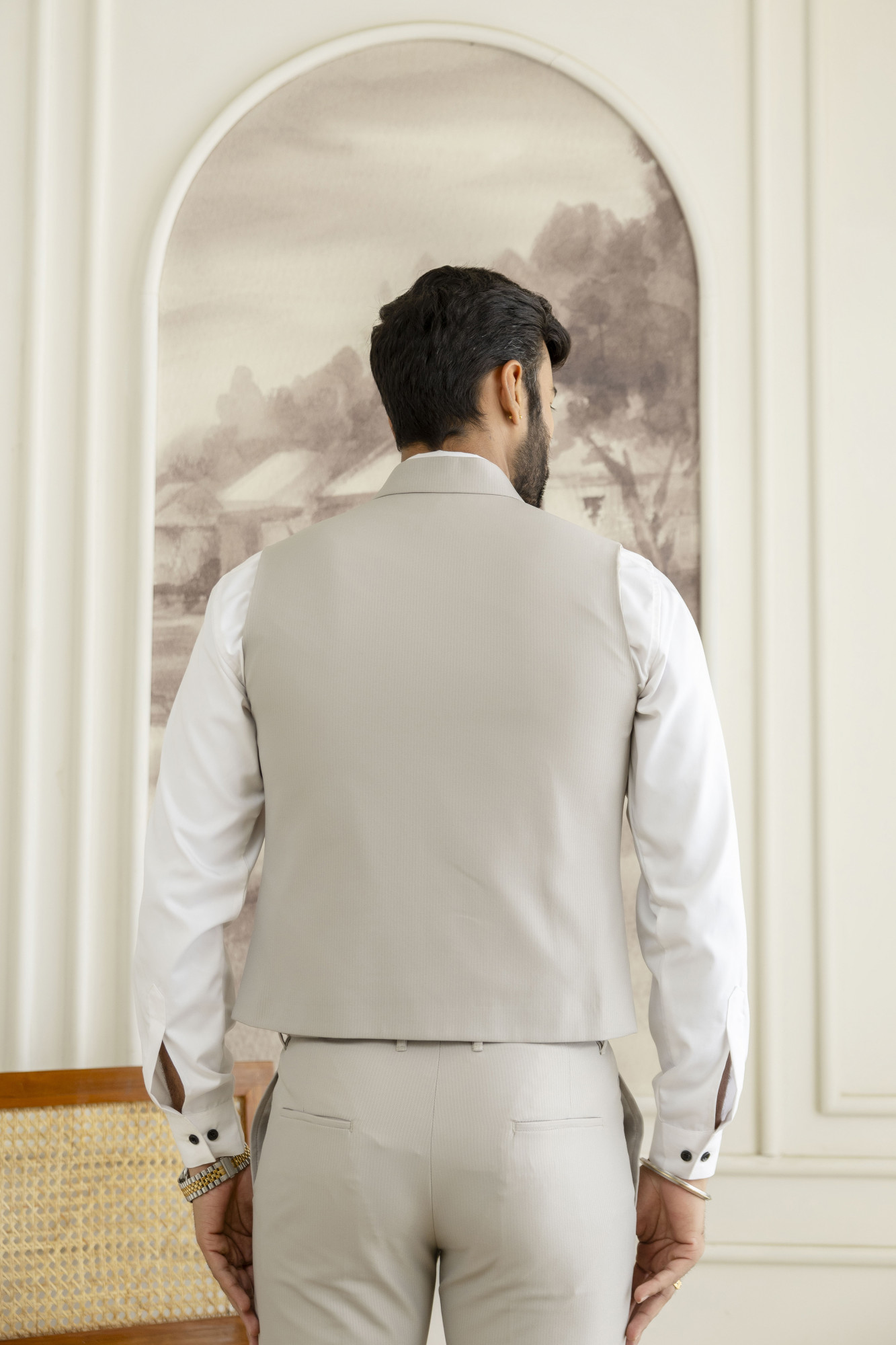 Striped Double Breasted Waist Coat In Light Grey