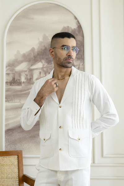 Linen Blazer Shirt In Pure White
