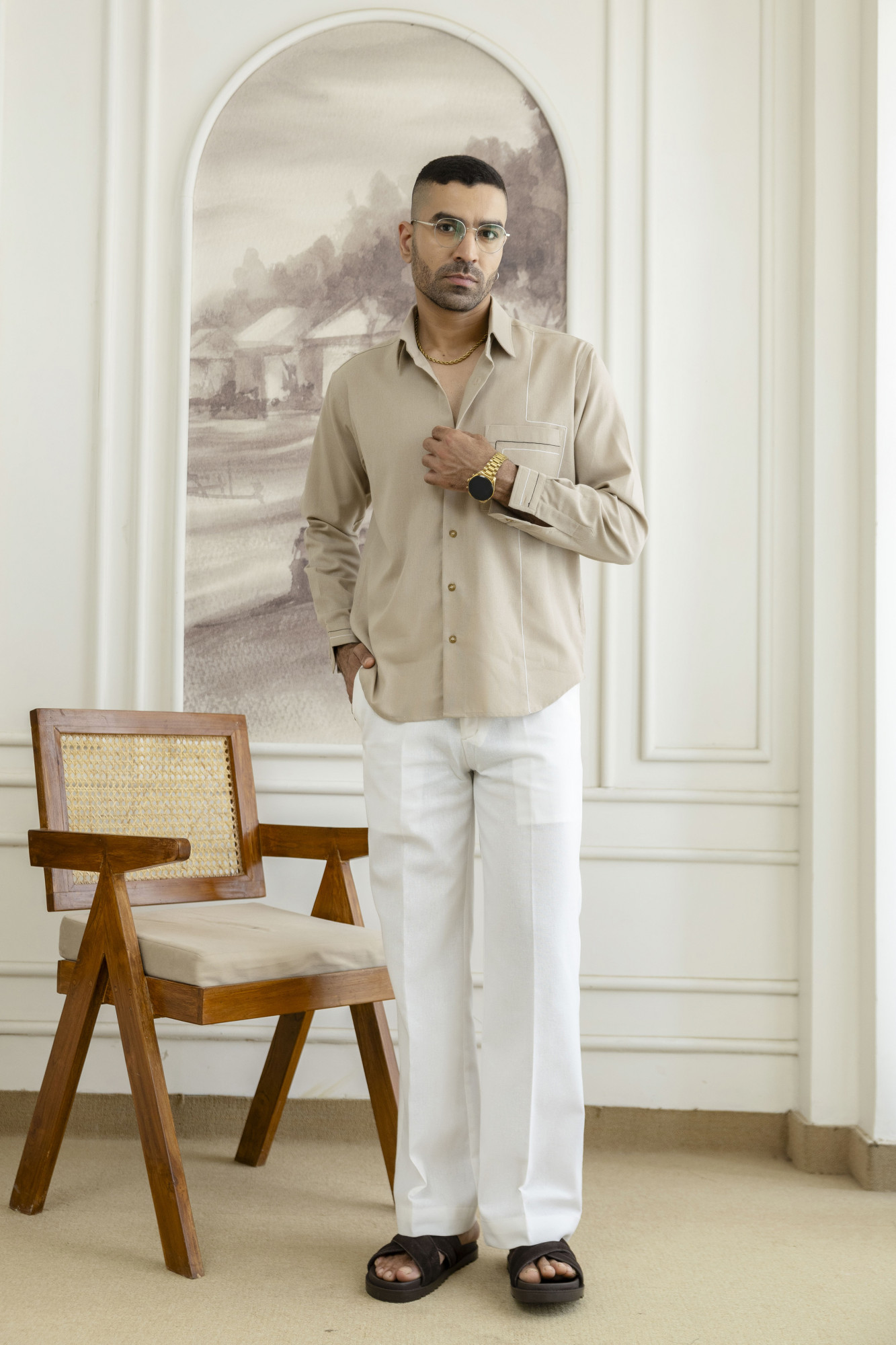 Threaded Linen Shirt In Beige