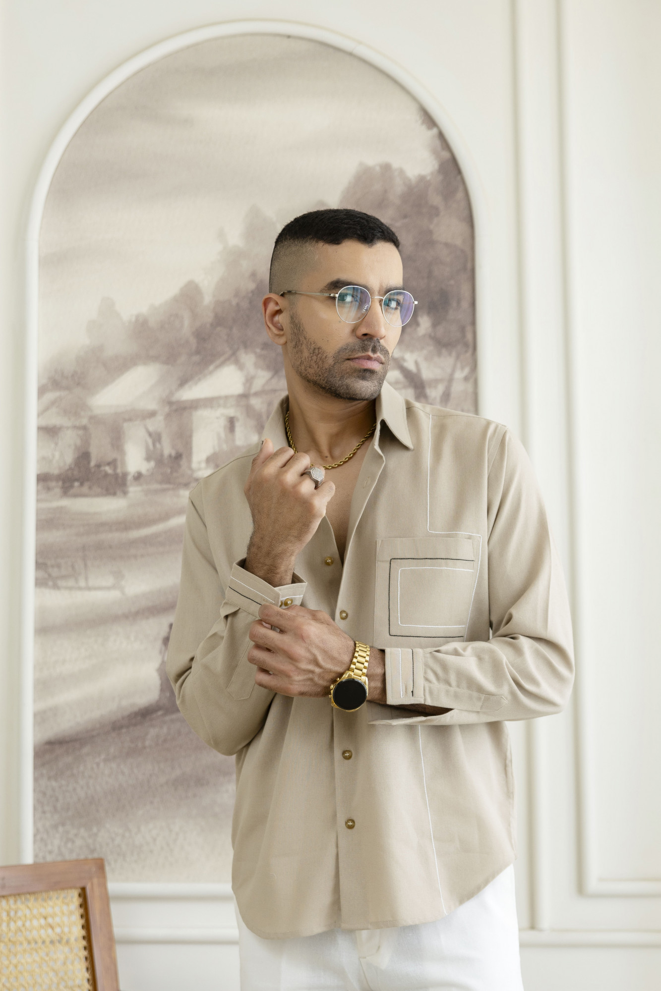 Threaded Linen Shirt In Beige