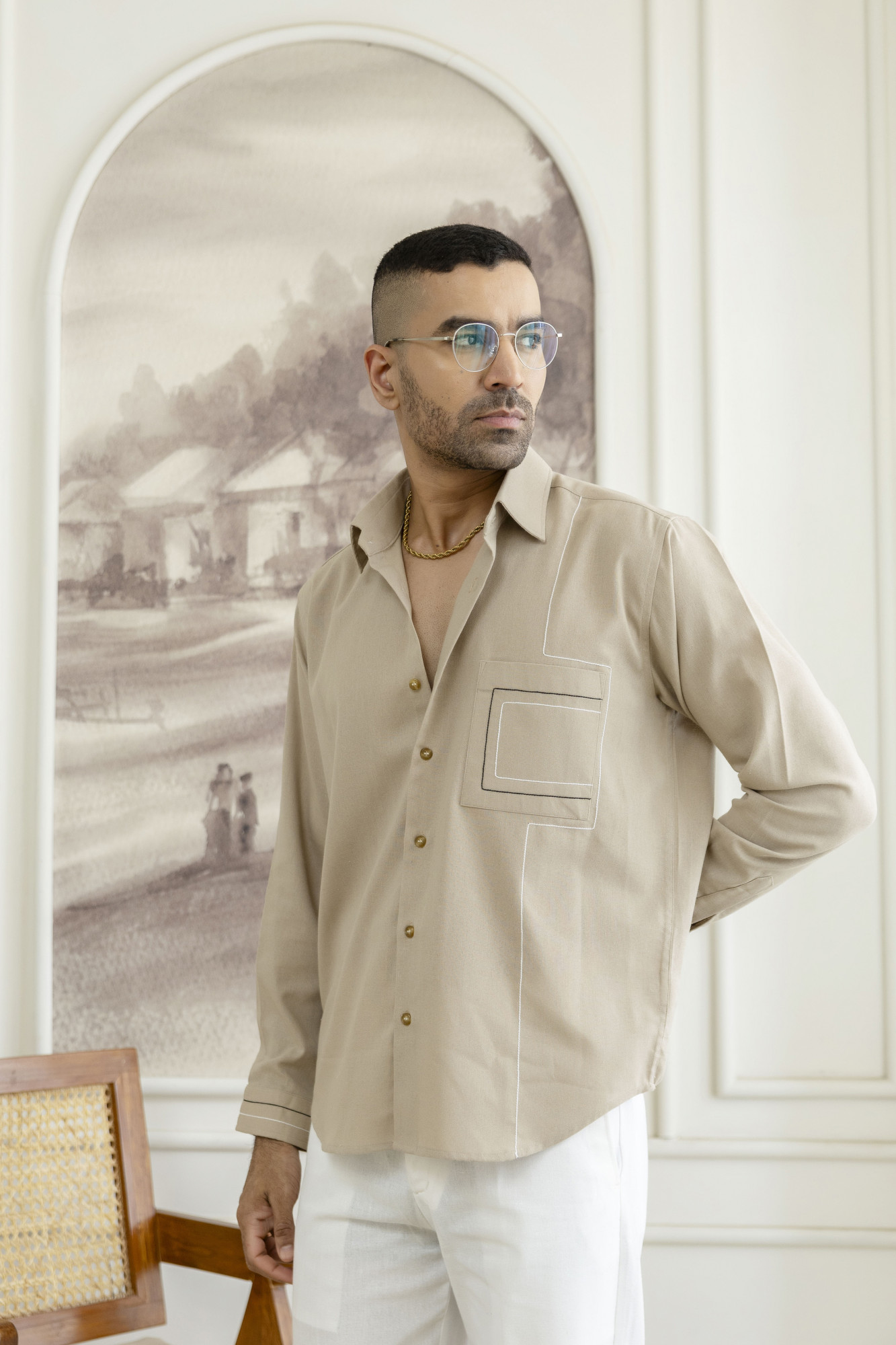 Threaded Linen Shirt In Beige