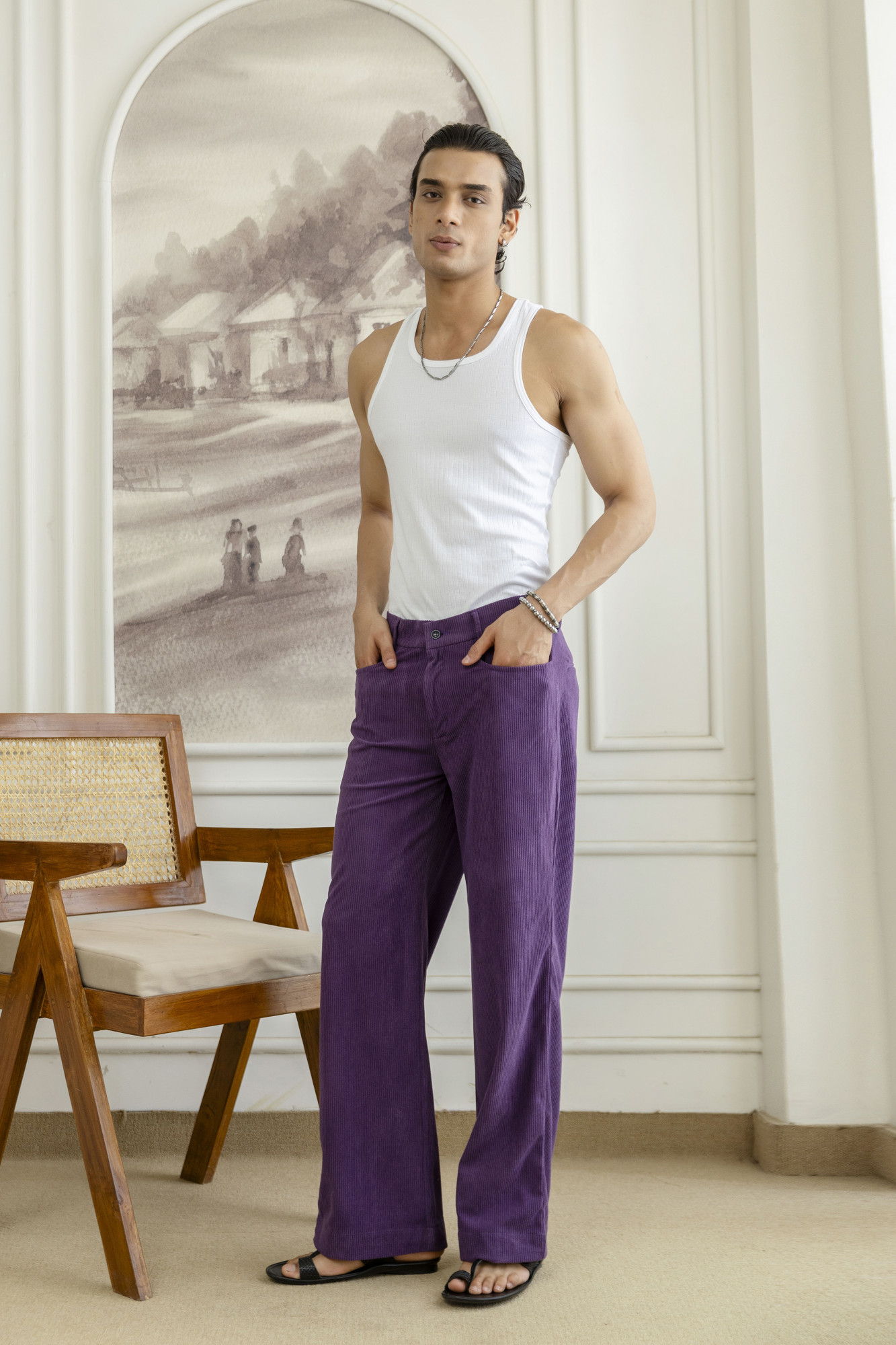 Corduroy Wide Leg Flared Pants In Violet