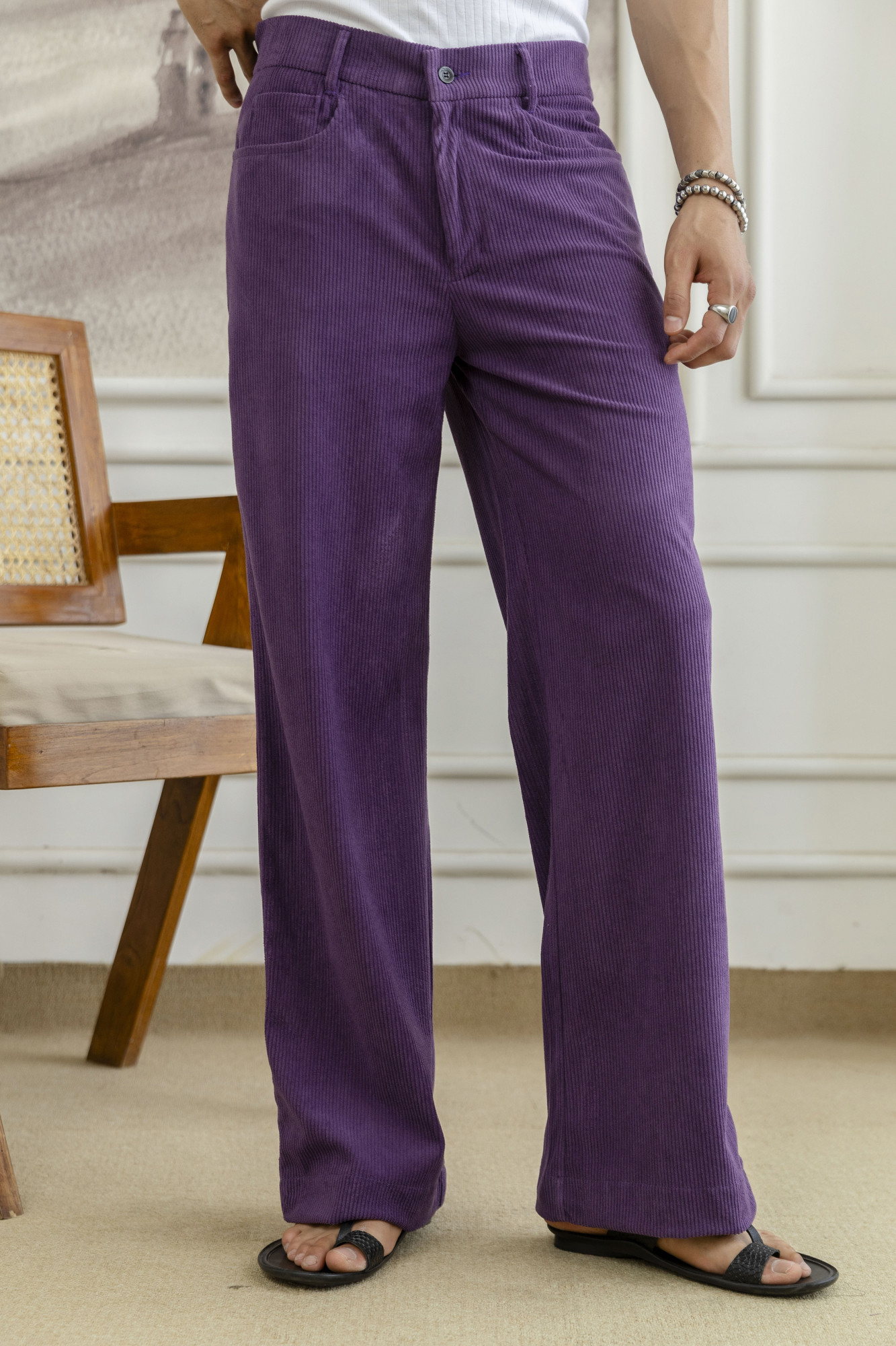 Corduroy Wide Leg Flared Pants In Violet