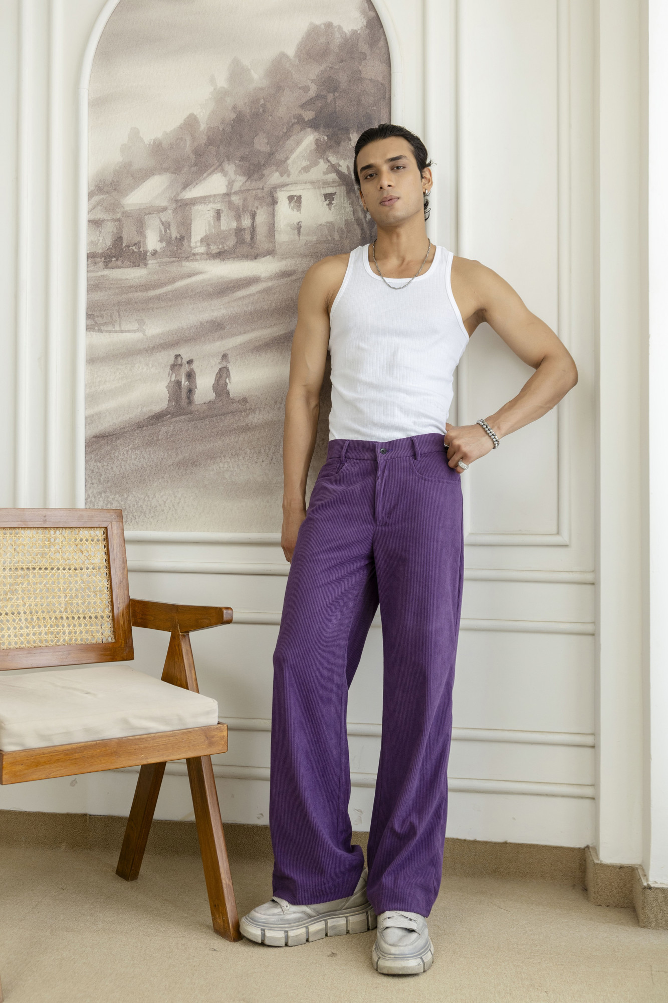 Corduroy Wide Leg Flared Pants In Violet