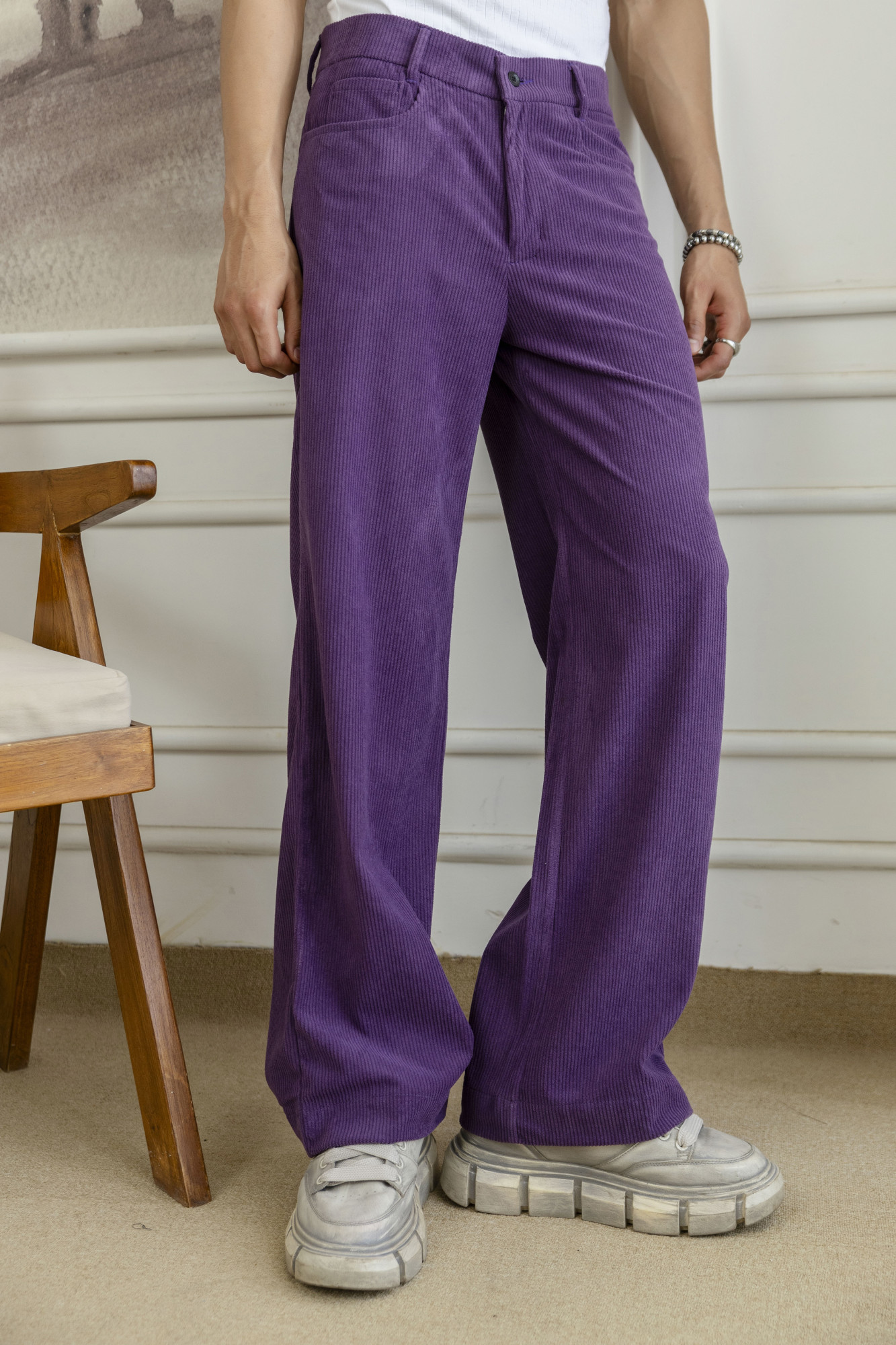 Corduroy Wide Leg Flared Pants In Violet
