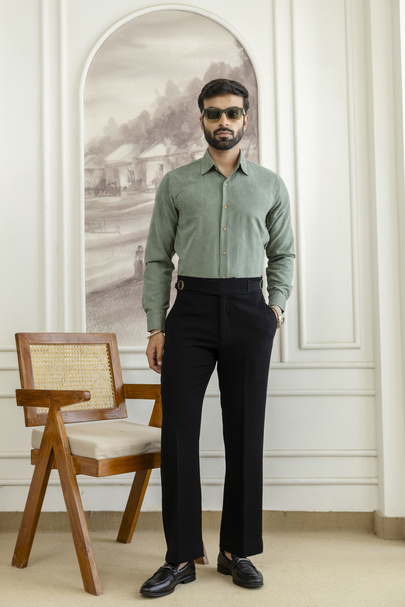 Laser Velvet Formal Shirt In Sage Green