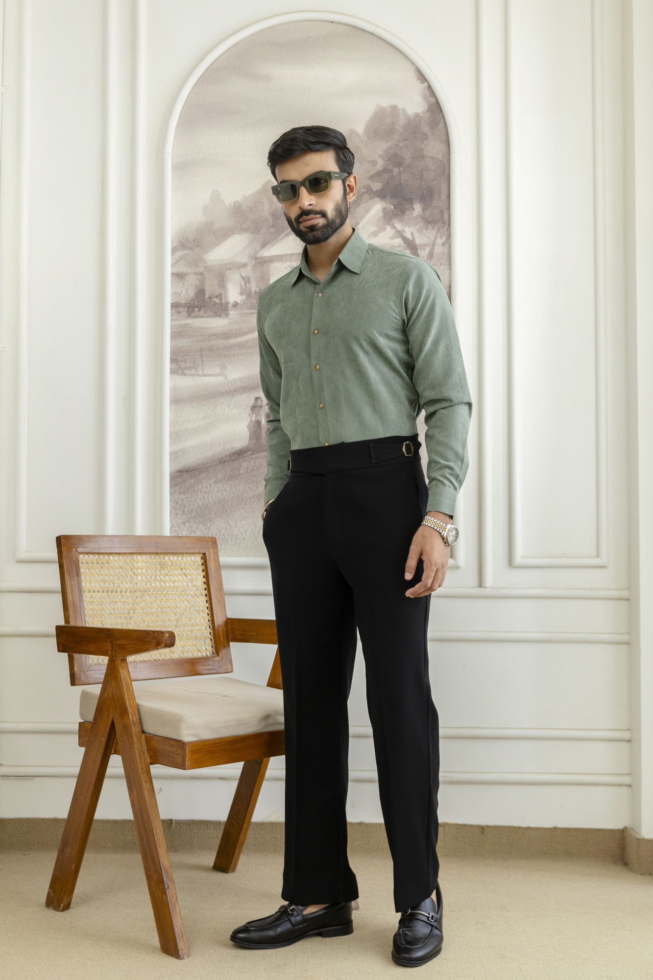 Laser Velvet Formal Shirt In Sage Green