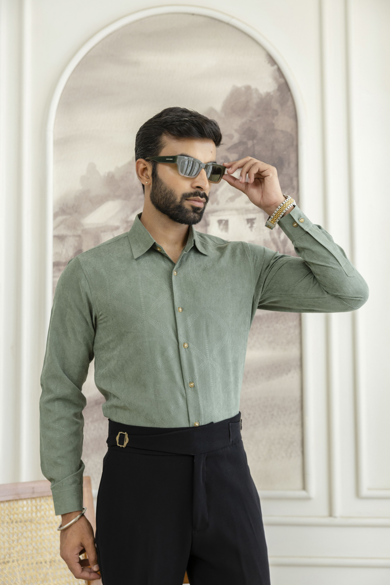 Laser Velvet Formal Shirt In Sage Green
