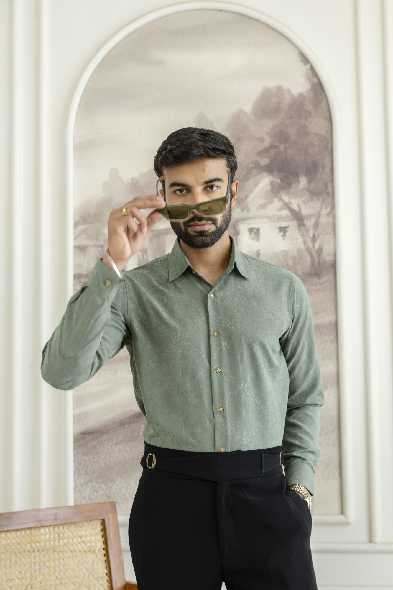 Laser Velvet Formal Shirt In Sage Green