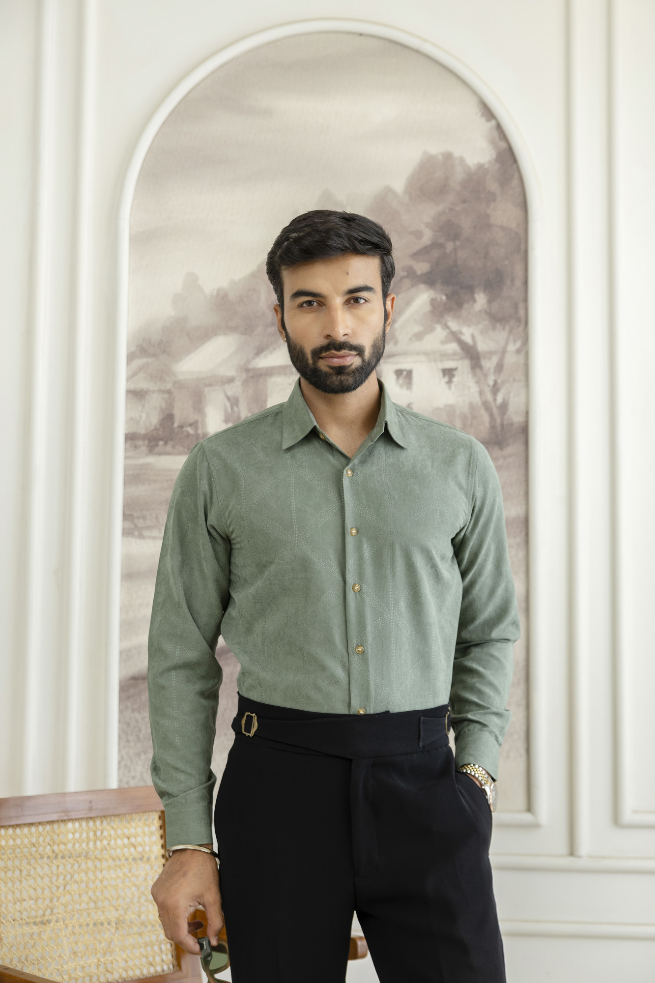 Laser Velvet Formal Shirt In Sage Green