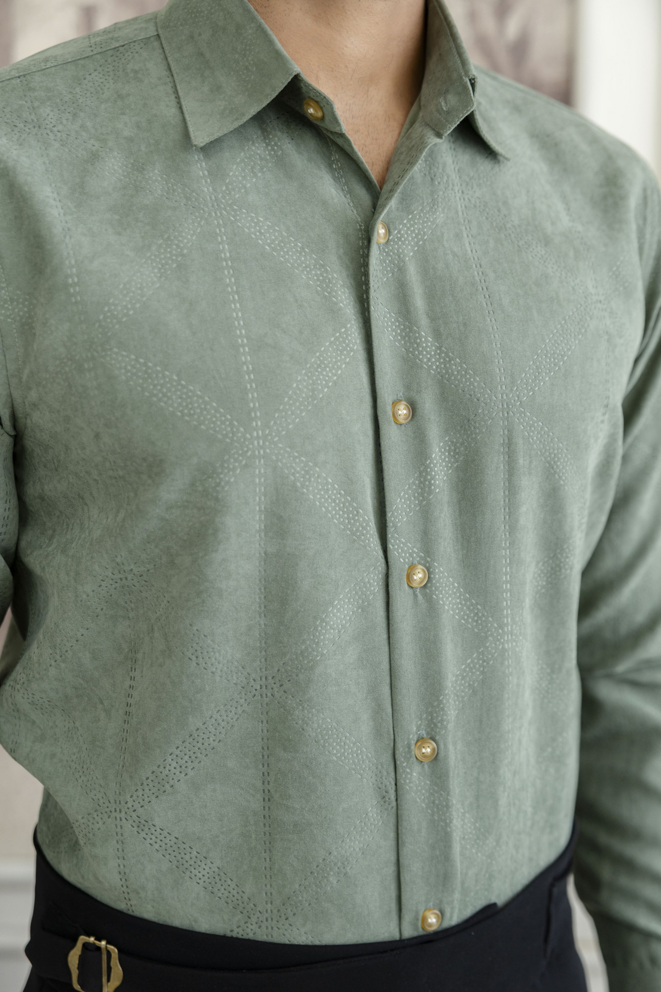 Laser Velvet Formal Shirt In Sage Green