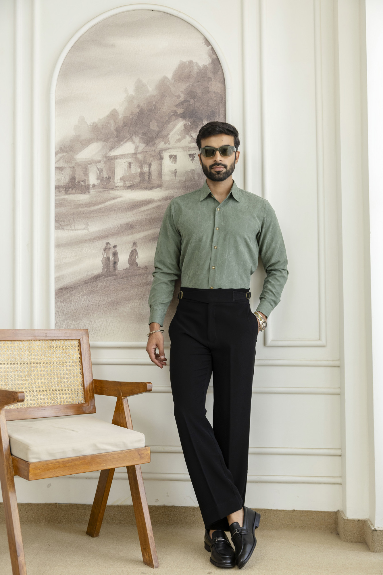 Laser Velvet Formal Shirt In Sage Green