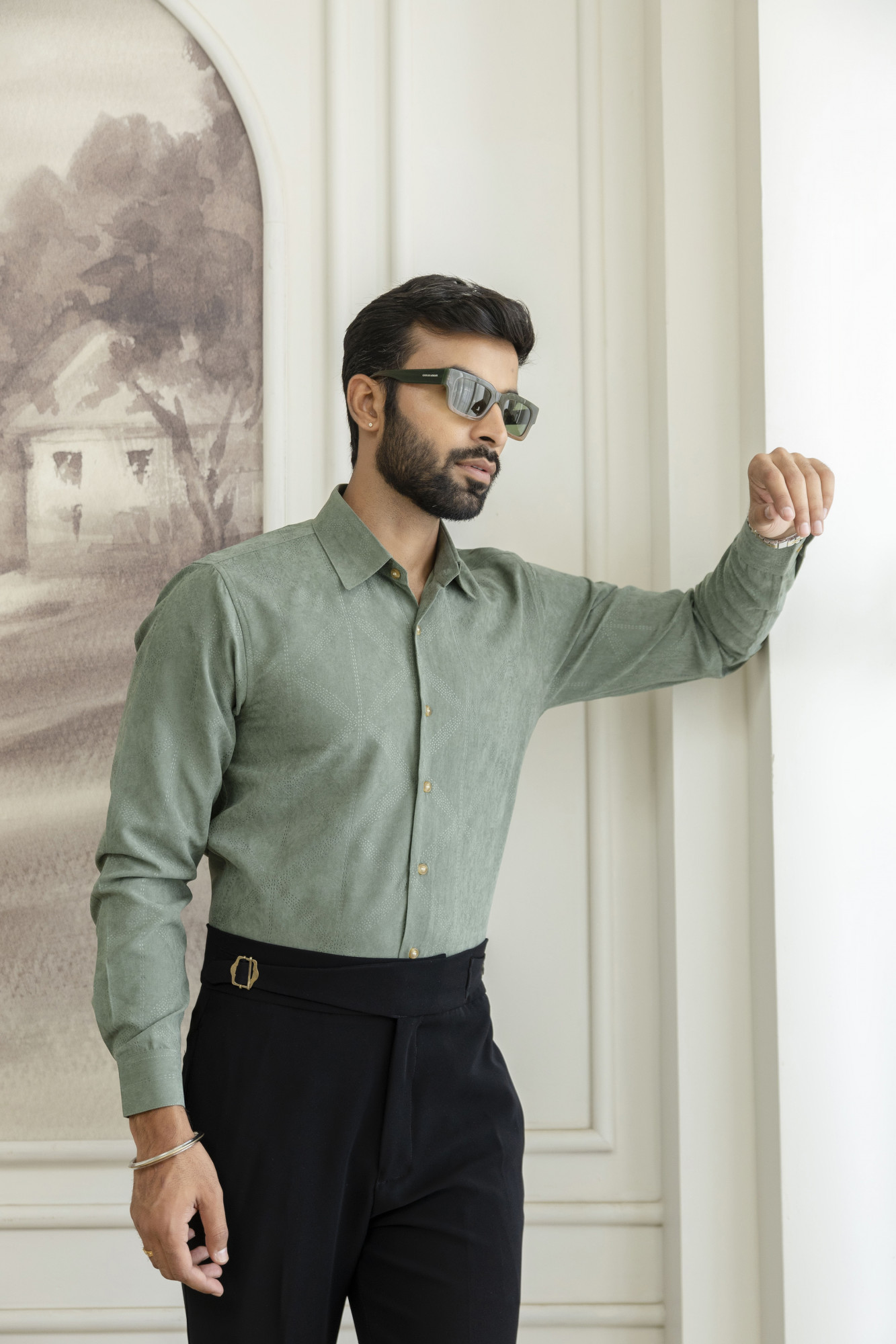 Laser Velvet Formal Shirt In Sage Green