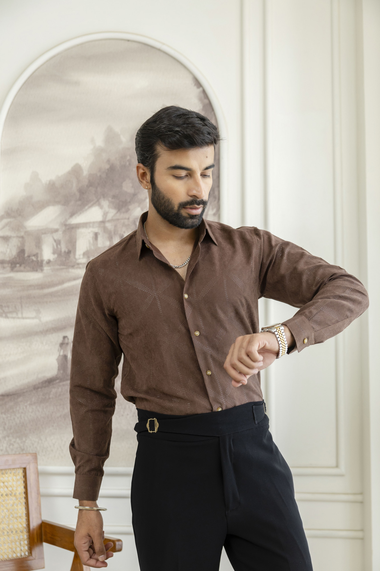 Laser Velvet Formal Shirt In Brown