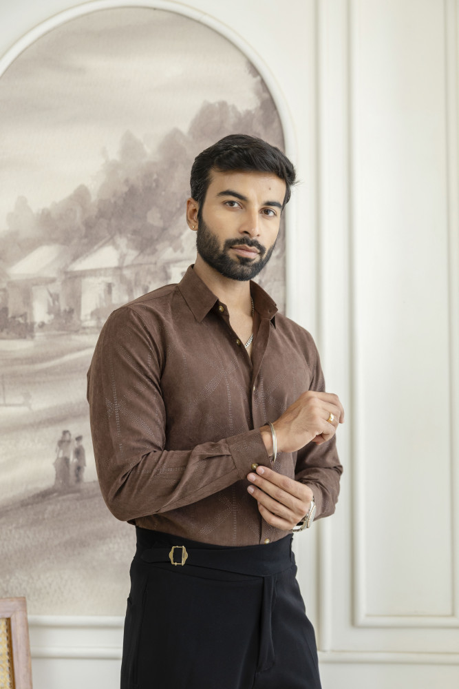 Image of Laser Velvet Formal Shirt In Brown