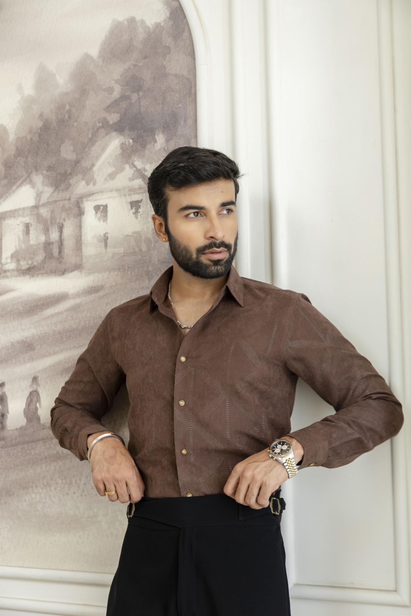 Laser Velvet Formal Shirt In Brown