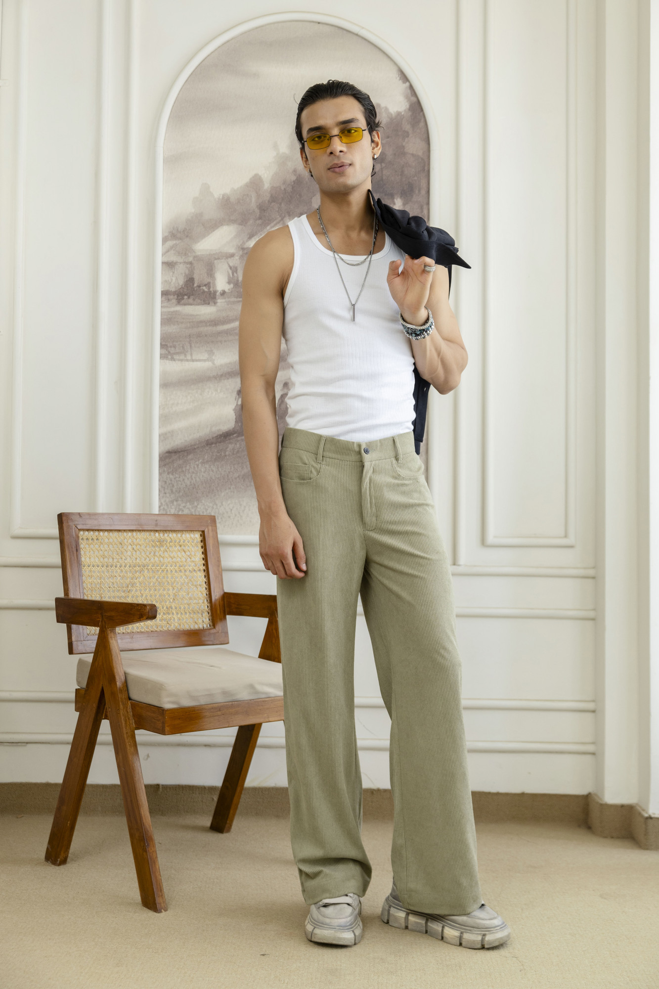 Corduroy Wide Leg Flared Pants In Off Green