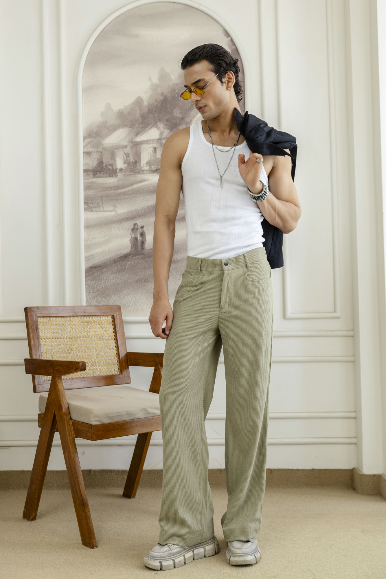 Corduroy Wide Leg Flared Pants In Off Green