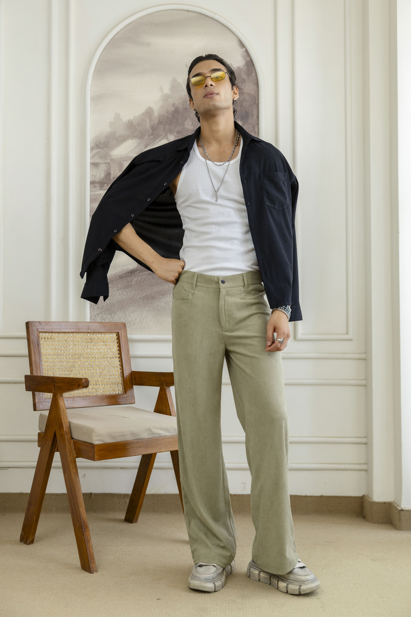 Corduroy Wide Leg Flared Pants In Off Green