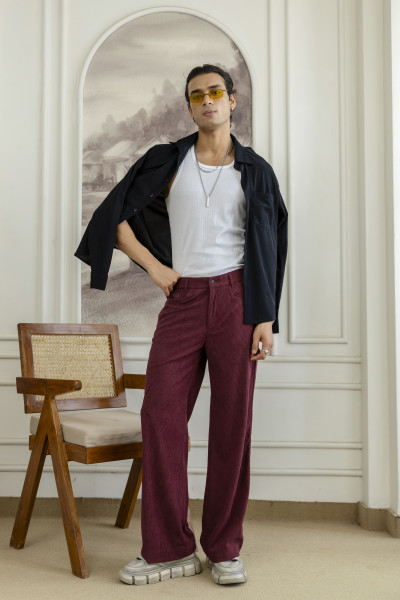 Corduroy Wide Leg Flared Pants In Wine