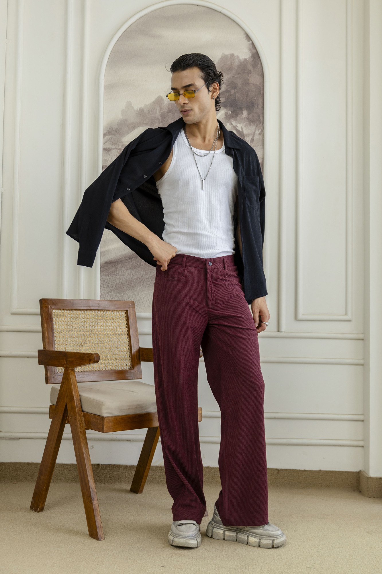 Corduroy Wide Leg Flared Pants In Wine