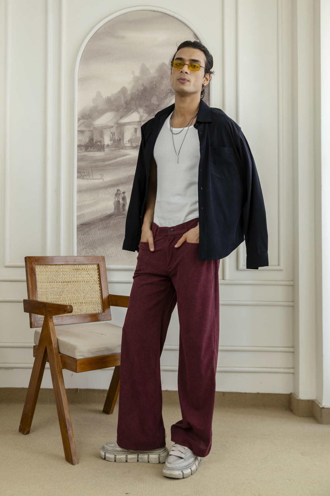 Corduroy Wide Leg Flared Pants In Wine