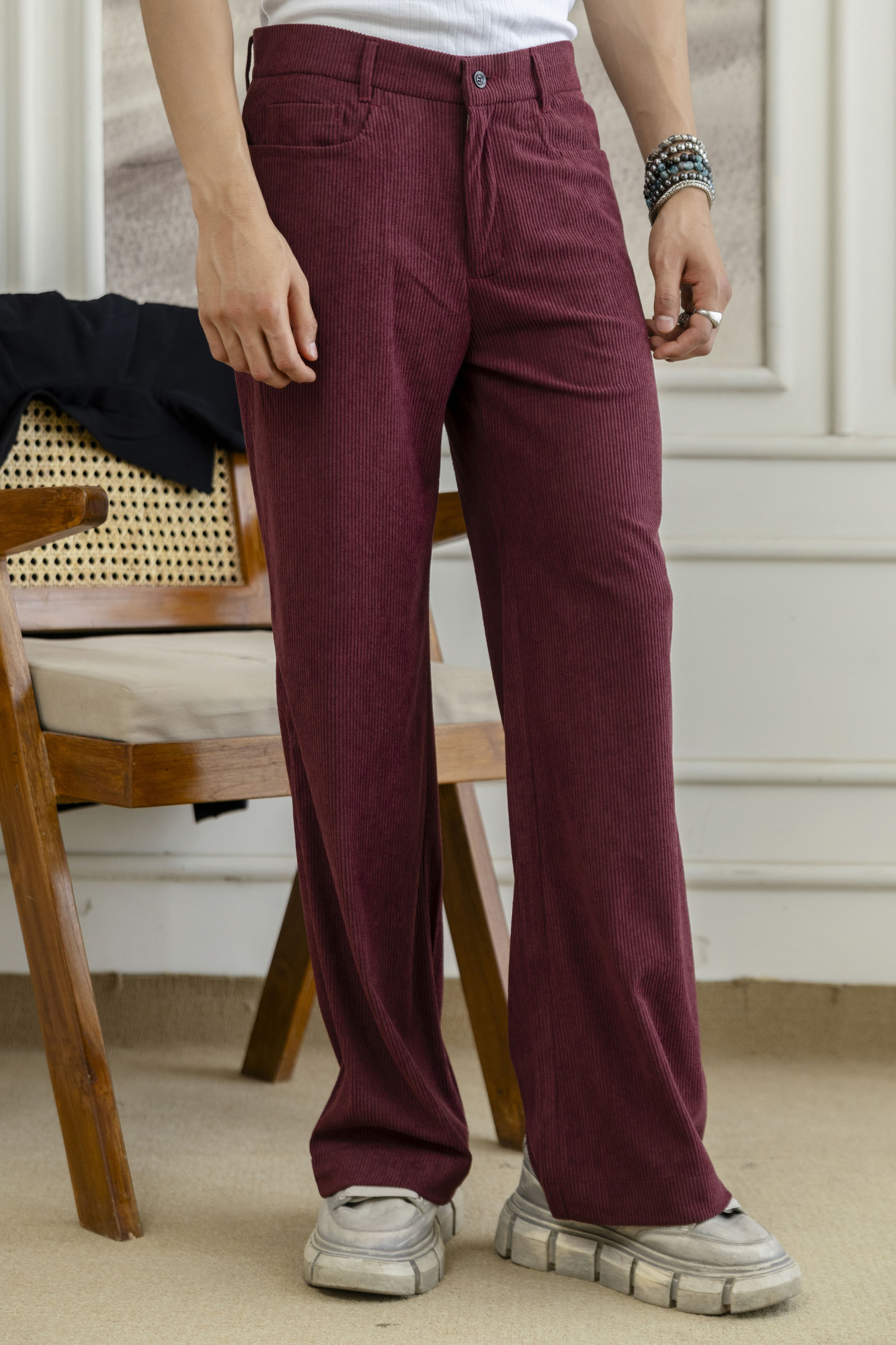 Corduroy Wide Leg Flared Pants In Wine