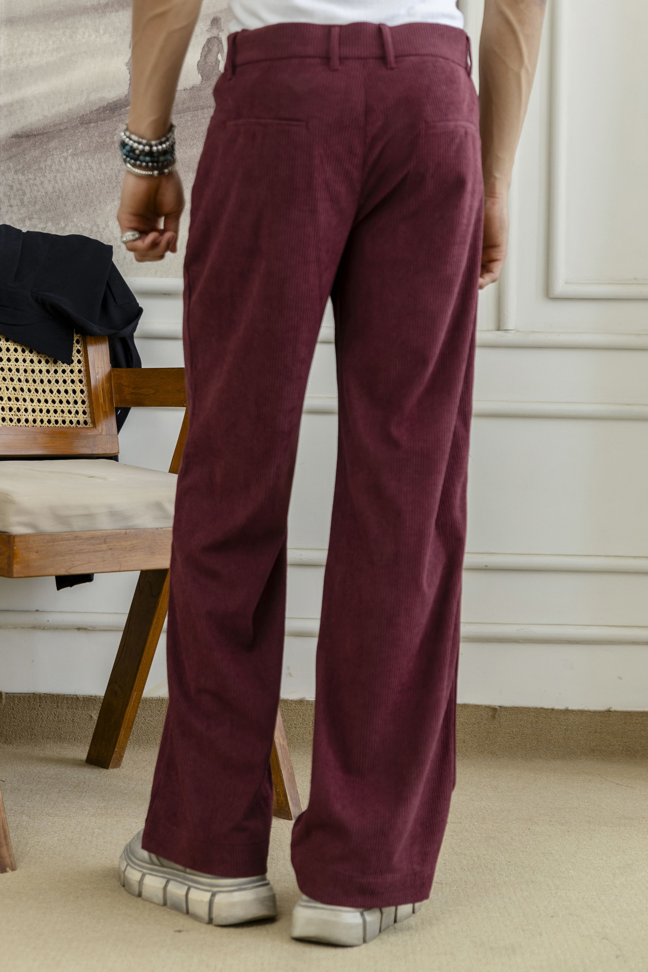 Corduroy Wide Leg Flared Pants In Wine