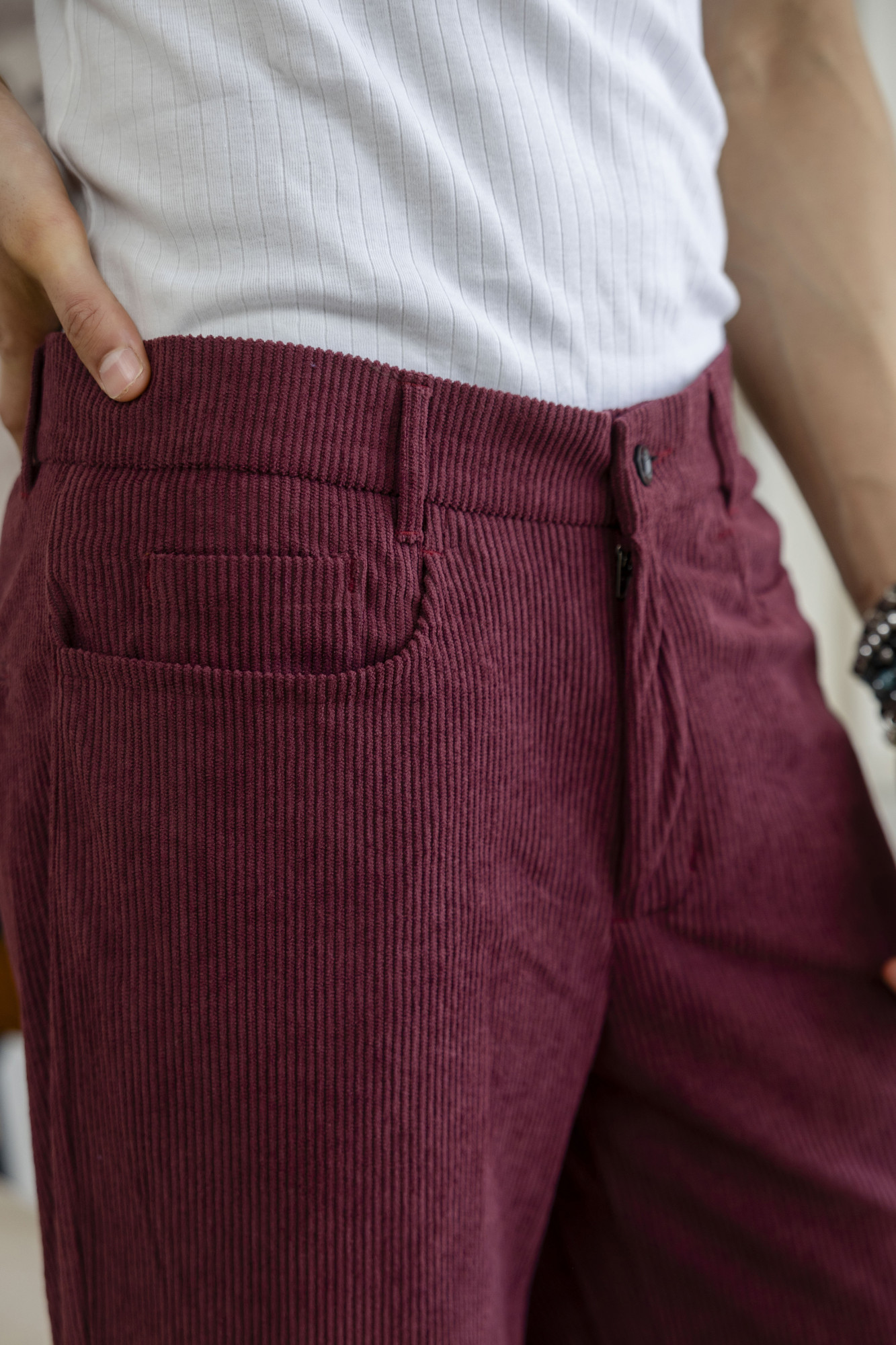 Corduroy Wide Leg Flared Pants In Wine