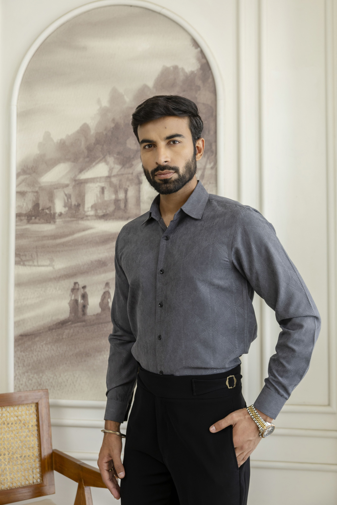 Laser Velvet Formal Shirt In Grey