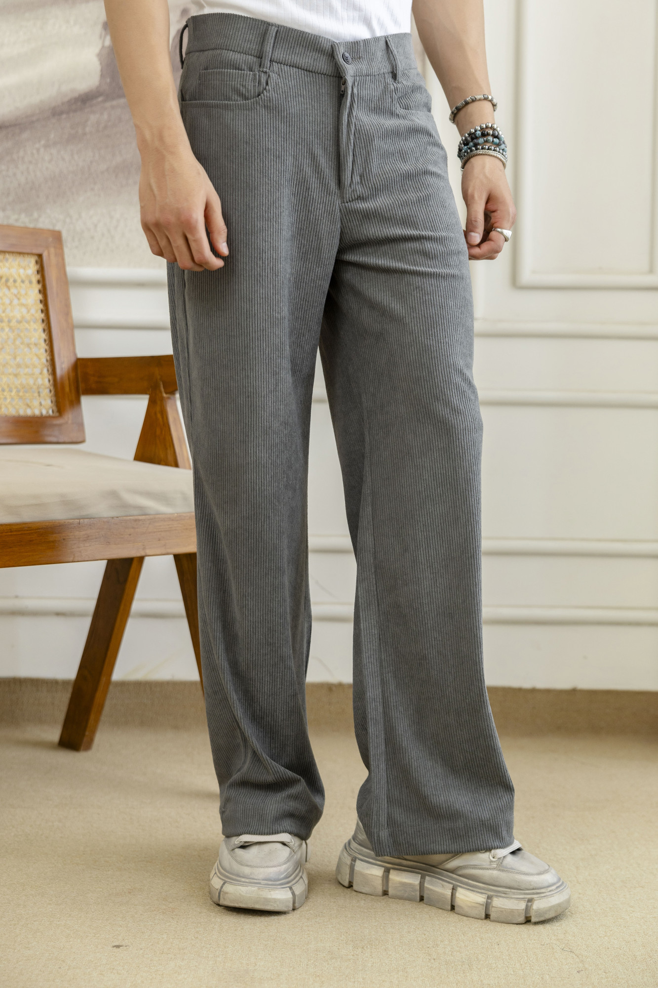 Corduroy Wide Leg Flared Pants In Grey