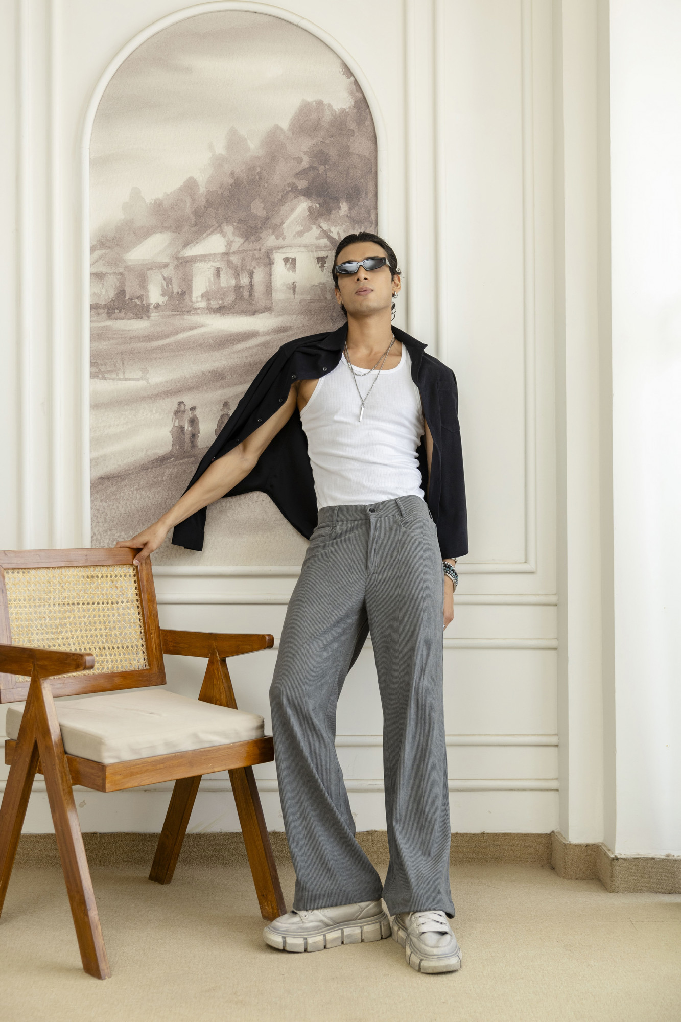 Corduroy Wide Leg Flared Pants In Grey