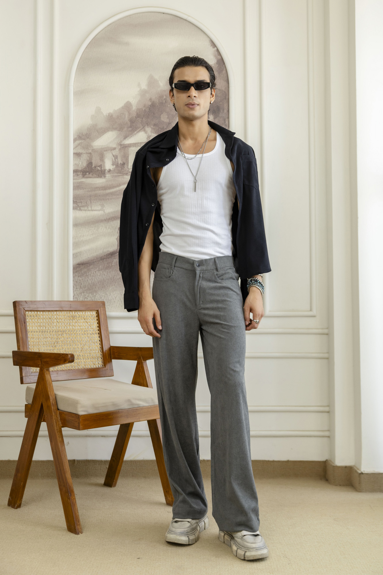 Corduroy Wide Leg Flared Pants In Grey