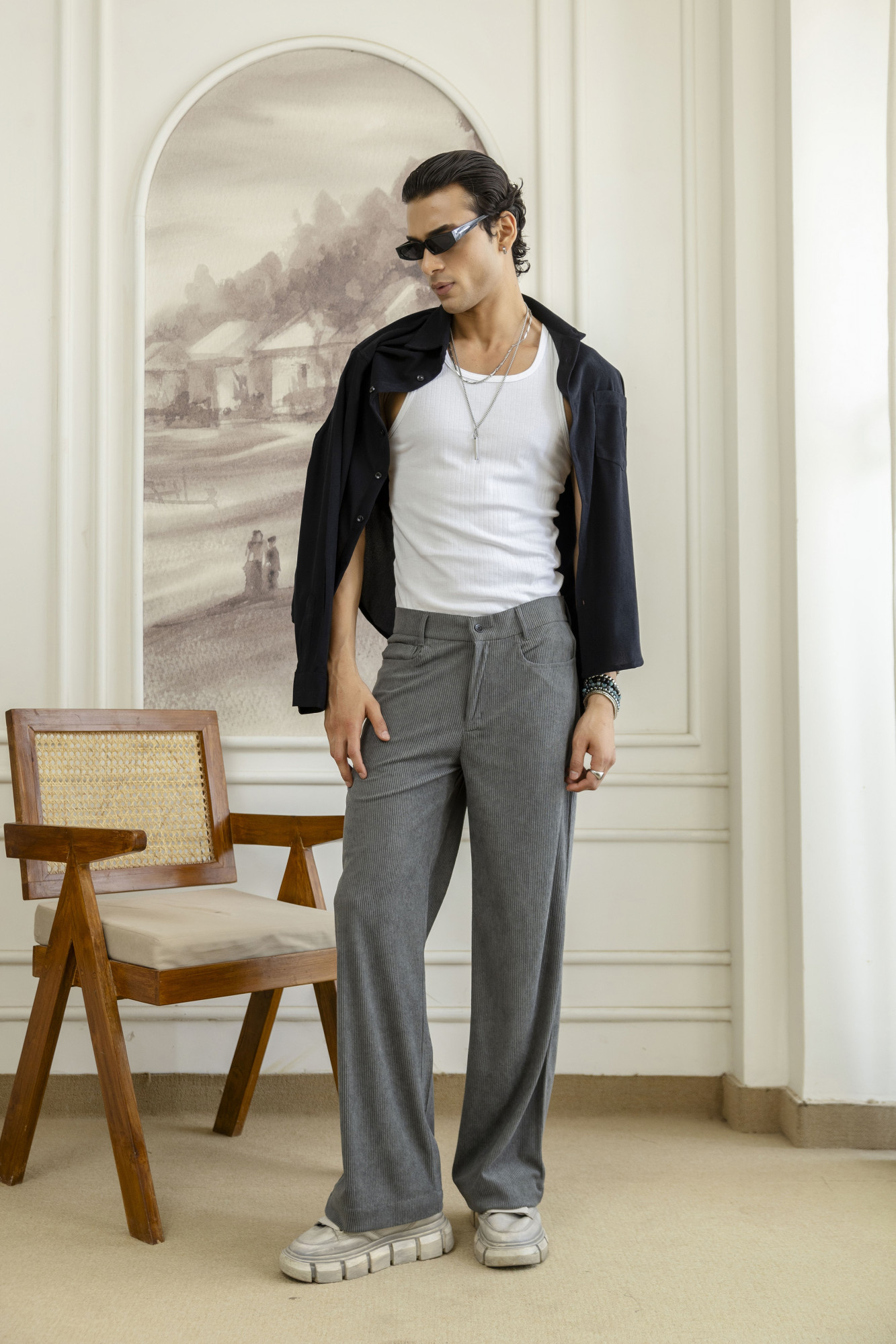 Corduroy Wide Leg Flared Pants In Grey