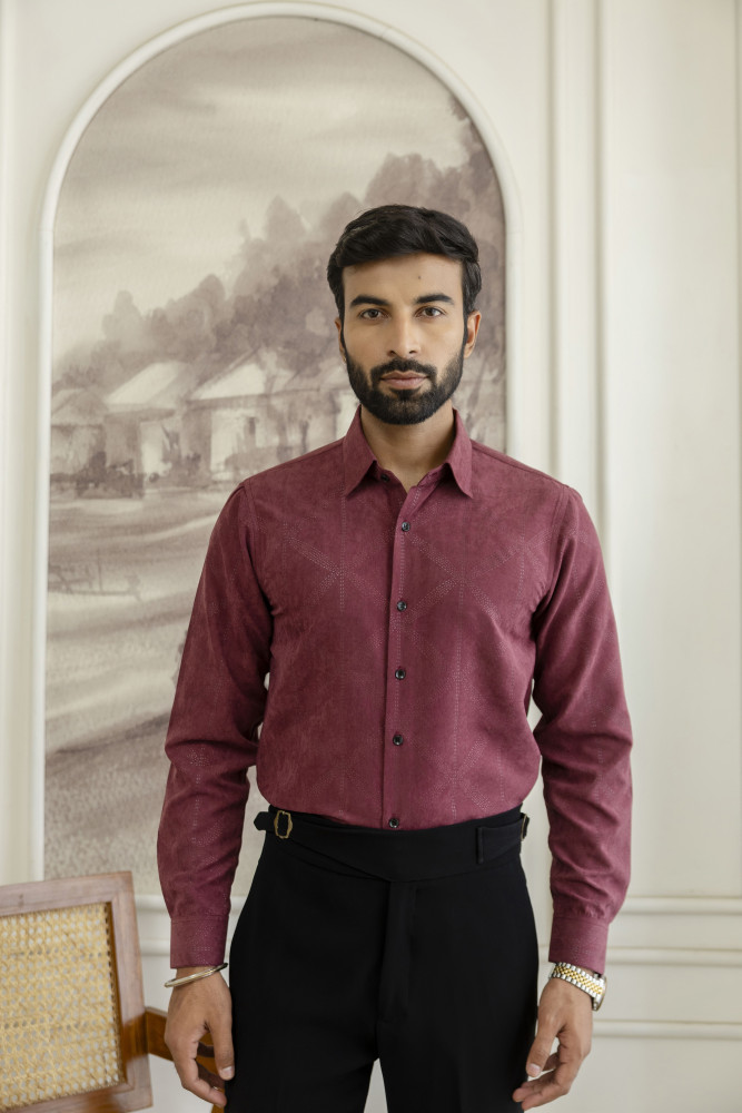 Image of Laser Velvet Formal Shirt In Wine