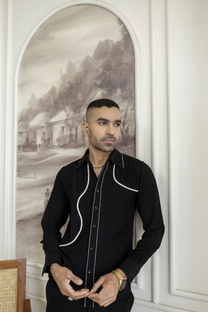 Image of Laced Pintex Shacket In Black