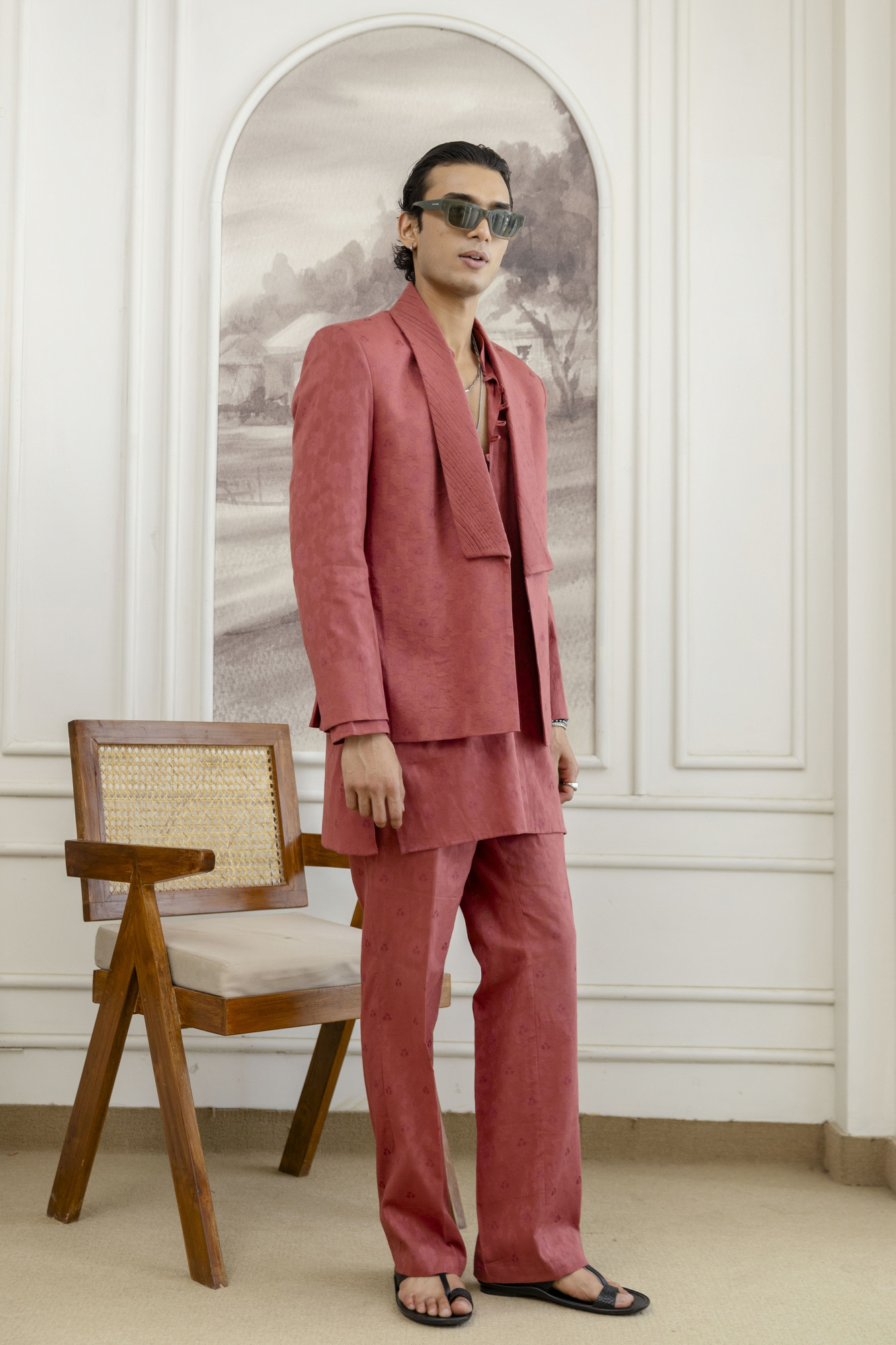 Cotton Jacquard Pintex Kurta Blazer Set In Pink