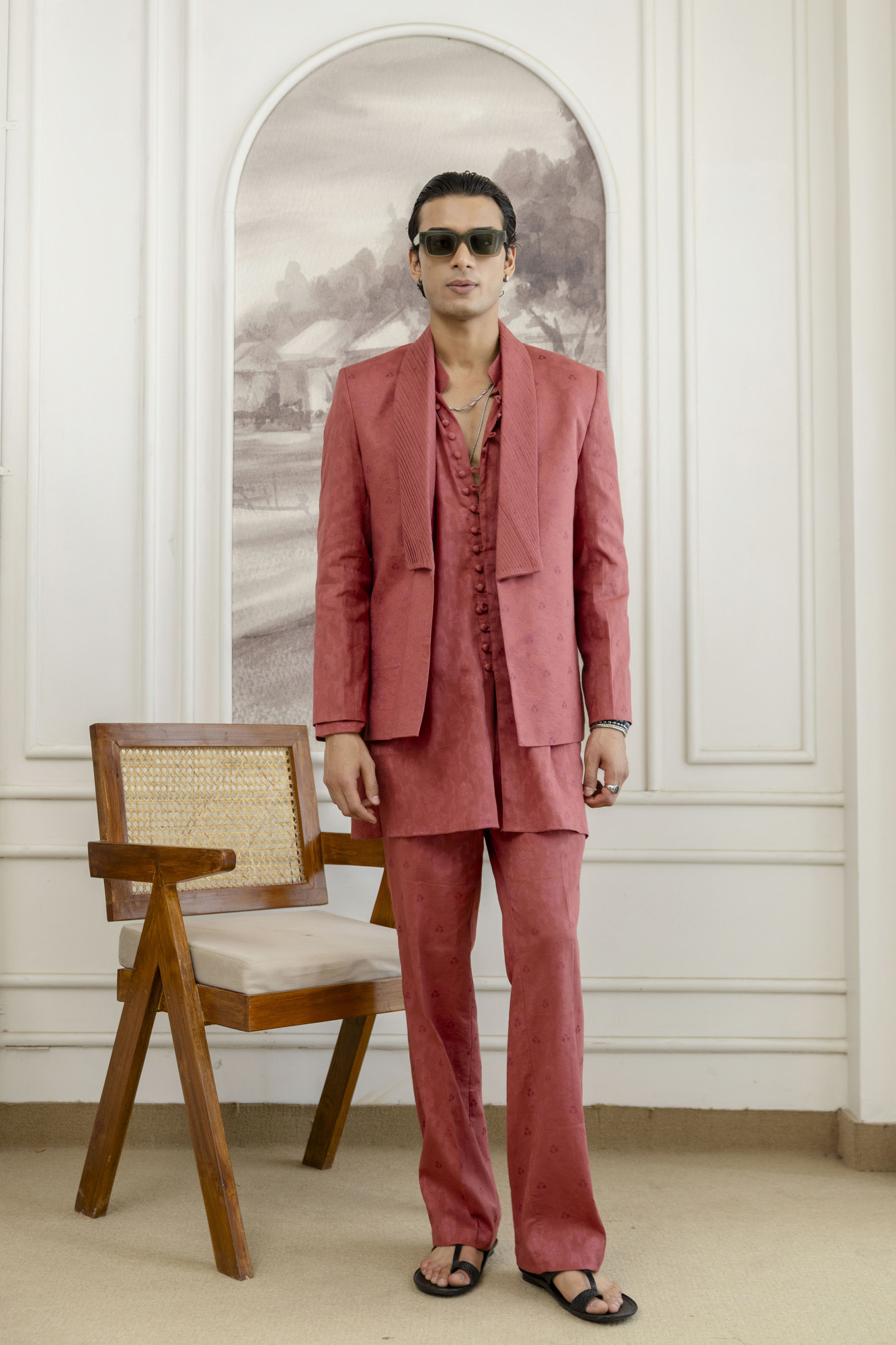 Cotton Jacquard Pintex Kurta Blazer Set In Pink