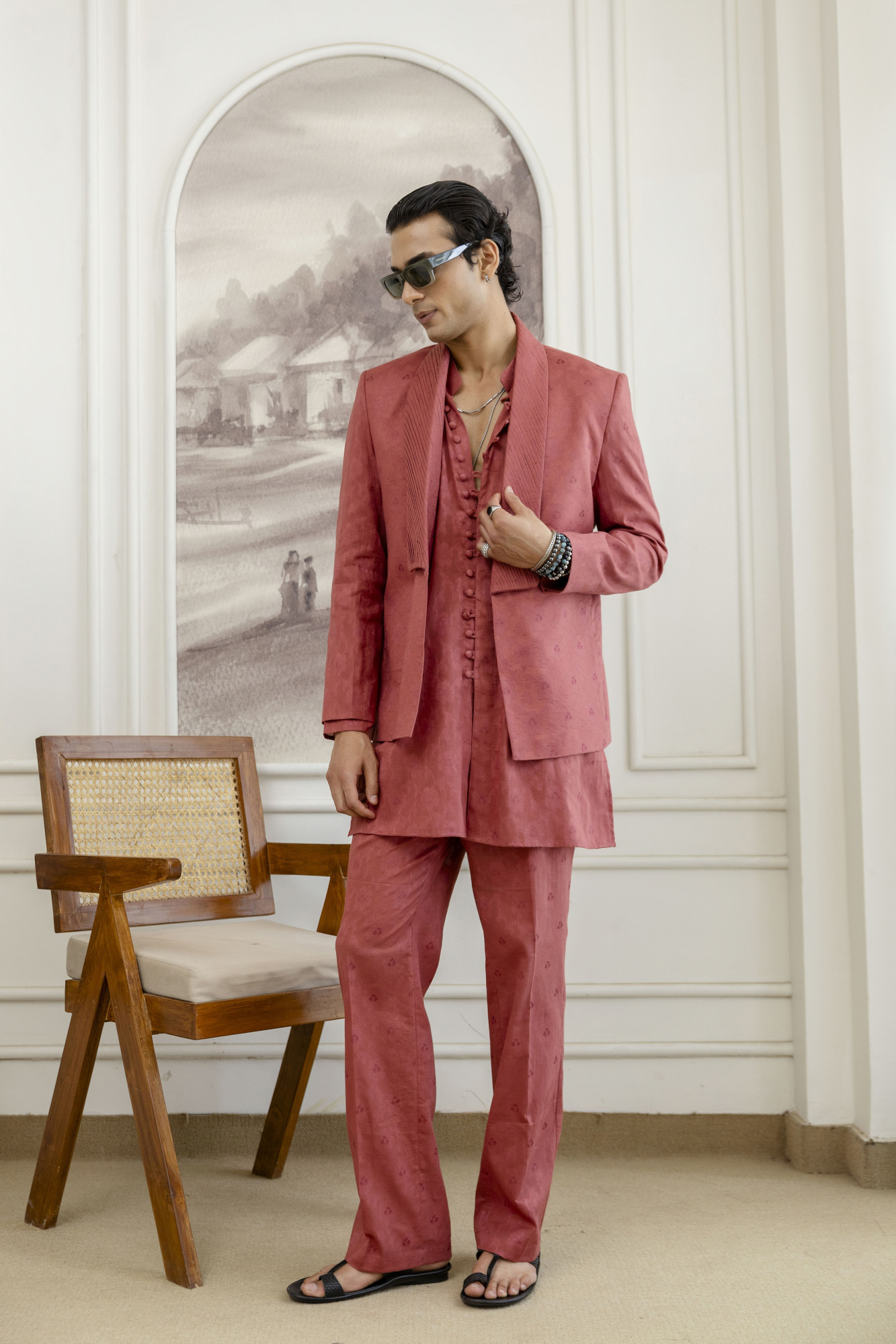 Cotton Jacquard Pintex Kurta Blazer Set In Pink