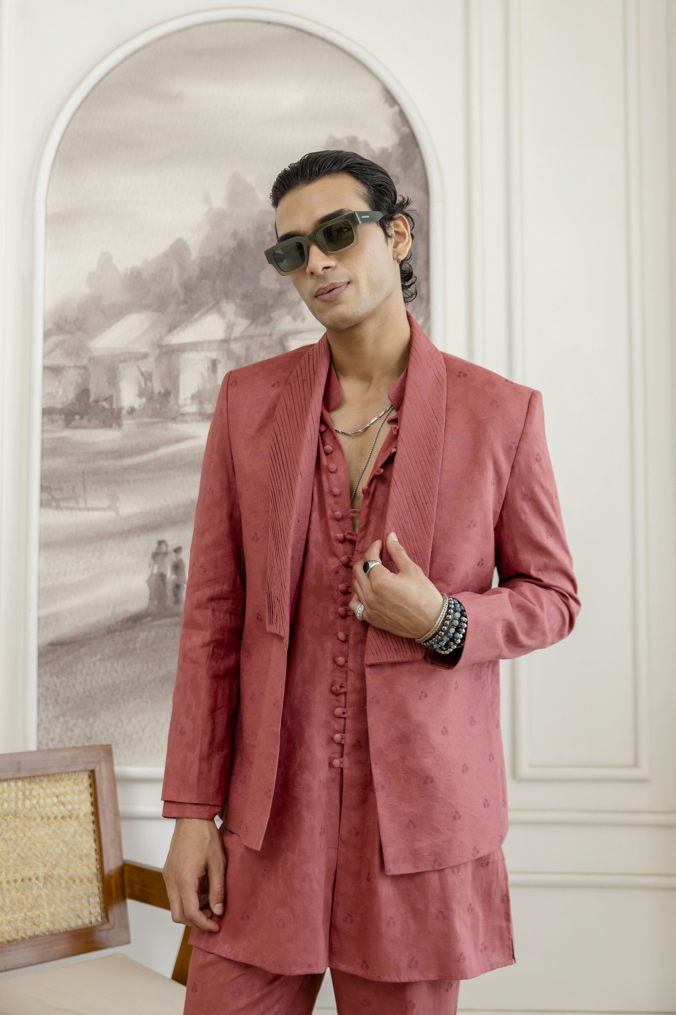 Cotton Jacquard Pintex Kurta Blazer Set In Pink