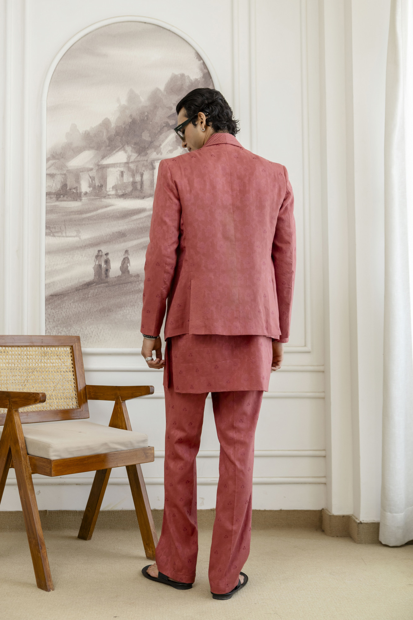 Cotton Jacquard Pintex Kurta Blazer Set In Pink