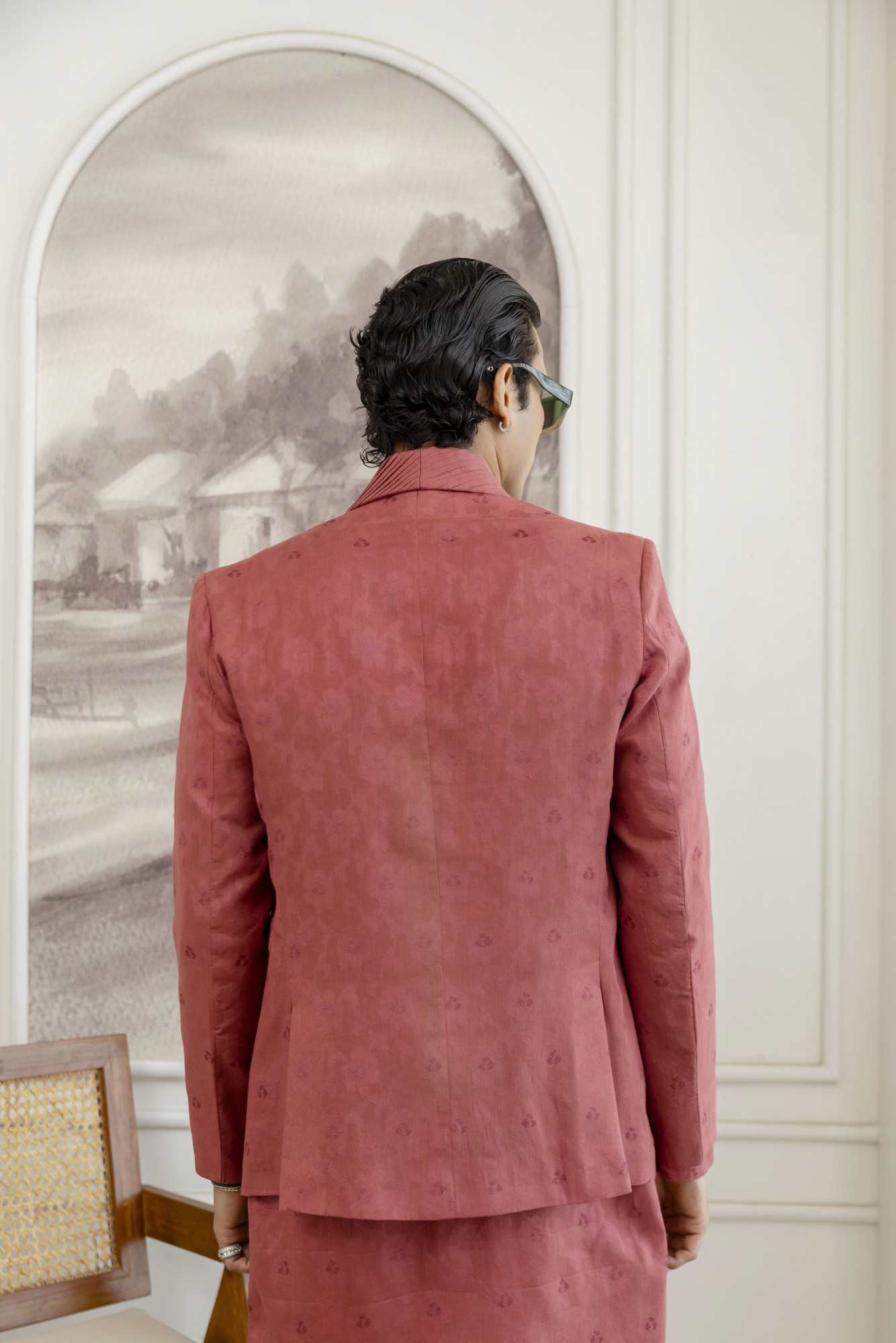 Cotton Jacquard Pintex Kurta Blazer Set In Pink