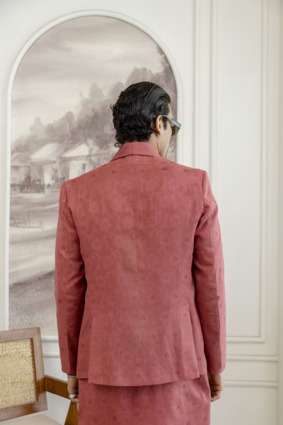 Cotton Jacquard Pintex Kurta Blazer Set In Pink